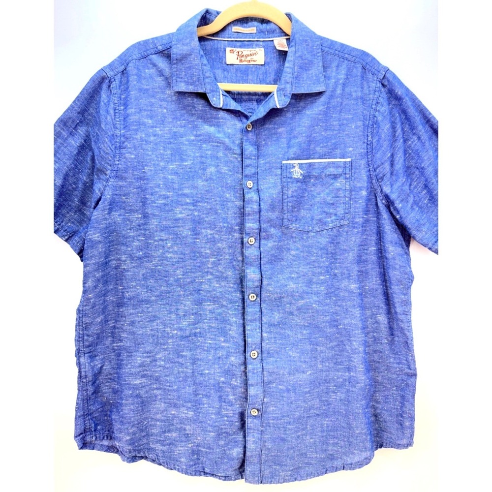 Original Penguin Mens Blue Slub Short Sleeve Button Up Cotton Shirt Sz XL Preppy